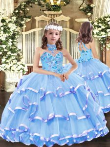 Baby Blue Ball Gowns Appliques and Ruffled Layers Little Girls Pageant Gowns Lace Up Organza Sleeveless Floor Length