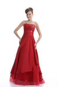 On Sale Red A-line Organza Strapless Sleeveless Embroidery Floor Length Lace Up Homecoming Dress