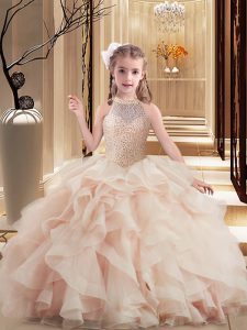 Pretty Pink Ball Gowns Beading Little Girls Pageant Gowns Lace Up Tulle Sleeveless Floor Length