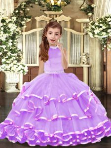 Latest Lavender Backless Halter Top Beading and Ruffled Layers Winning Pageant Gowns Organza Sleeveless