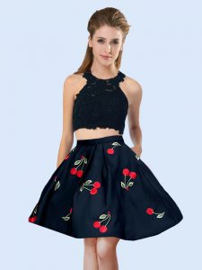 Sleeveless Mini Length Pattern Lace Up Dama Dress with Black