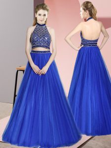 Sleeveless Tulle Floor Length Backless Prom Dress in Royal Blue with Beading
