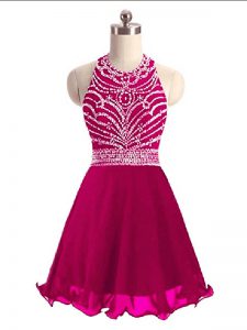 Suitable Mini Length Lace Up Prom Evening Gown Hot Pink for Prom and Party with Beading