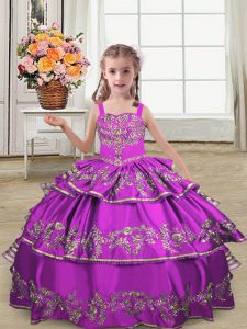 Superior Straps Sleeveless Satin Little Girl Pageant Gowns Embroidery and Ruffled Layers Lace Up