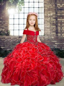 Floor Length Red Little Girls Pageant Dress Straps Sleeveless Lace Up