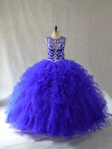 Floor Length Lace Up 15 Quinceanera Dress Royal Blue for Sweet 16 and Quinceanera with Beading and Ruffles
