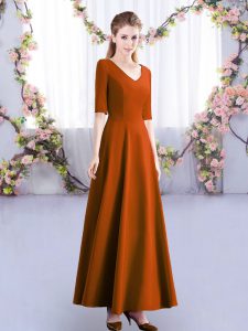 Elegant Half Sleeves Satin Ankle Length Zipper Vestidos de Damas in Rust Red with Ruching