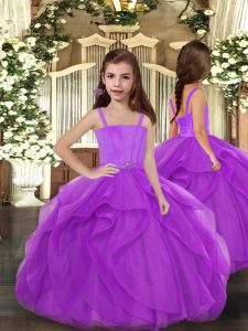 Straps Sleeveless Lace Up Kids Formal Wear Purple Tulle