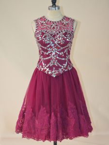 Burgundy A-line Tulle Scoop Sleeveless Beading and Lace Mini Length Lace Up Prom Dress