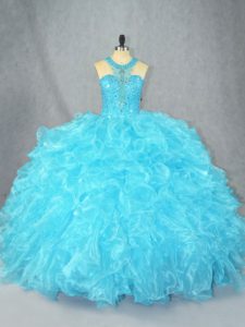 Charming Sleeveless Floor Length Beading and Ruffles Zipper Quince Ball Gowns with Baby Blue