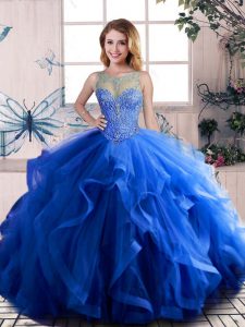 Royal Blue Ball Gowns Scoop Sleeveless Tulle Floor Length Lace Up Beading and Ruffles Sweet 16 Dresses