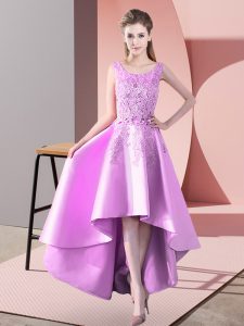 High Low Lilac Bridesmaid Dresses Satin Sleeveless Lace