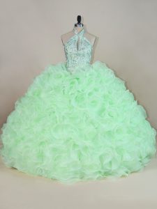 Fabric With Rolling Flowers Halter Top Sleeveless Lace Up Beading and Ruffles 15 Quinceanera Dress in Apple Green