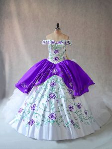 Great Off The Shoulder Sleeveless Lace Up Quinceanera Gowns White And Purple Organza