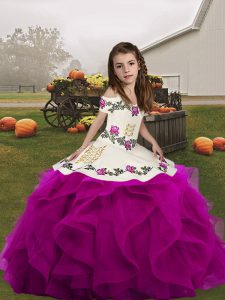 Fuchsia Straps Neckline Embroidery and Ruffles Girls Pageant Dresses Sleeveless Lace Up