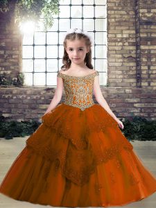 Latest Tulle Off The Shoulder Sleeveless Lace Up Beading and Appliques Pageant Gowns For Girls in Rust Red