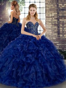 Popular Floor Length Lace Up Sweet 16 Dress Royal Blue for Military Ball and Sweet 16 and Quinceanera with Beading and Ruffles