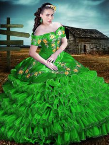 Graceful Green Off The Shoulder Neckline Embroidery and Ruffles 15 Quinceanera Dress Sleeveless Lace Up
