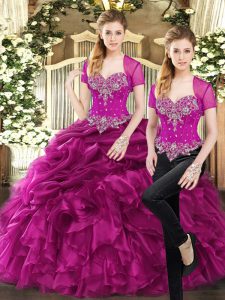 Beading and Ruffles and Pick Ups Quinceanera Gown Fuchsia Lace Up Sleeveless Floor Length