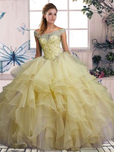 Floor Length Yellow Quinceanera Dress Off The Shoulder Sleeveless Lace Up