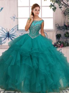 Decent Floor Length Turquoise Quinceanera Gowns Organza Sleeveless Beading and Ruffles