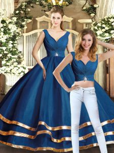 Floor Length Backless Quinceanera Gowns Navy Blue for Military Ball and Sweet 16 and Quinceanera with Beading and Ruffled Layers