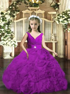 Sweet Floor Length Purple Girls Pageant Dresses Fabric With Rolling Flowers Sleeveless Beading and Ruching