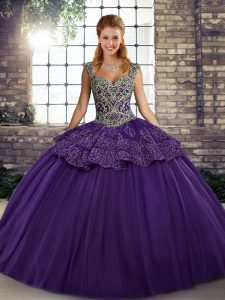 Purple Sleeveless Floor Length Beading and Appliques Lace Up 15 Quinceanera Dress
