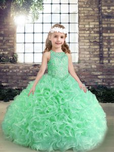 Sleeveless Organza Floor Length Lace Up Little Girl Pageant Dress in Apple Green with Beading and Ruffles