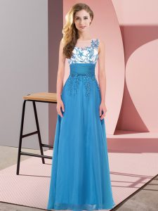 Enchanting Chiffon Scoop Sleeveless Backless Appliques Quinceanera Dama Dress in Blue