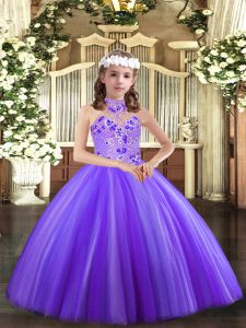 Lavender Tulle Lace Up Halter Top Sleeveless Floor Length Pageant Dresses Appliques
