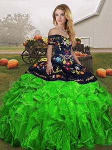 Stylish Green Off The Shoulder Neckline Embroidery and Ruffles Ball Gown Prom Dress Sleeveless Lace Up