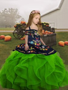 Floor Length Lace Up Little Girl Pageant Dress Green and In with Embroidery and Ruffles