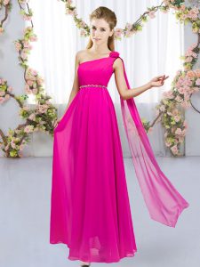 Hot Pink One Shoulder Neckline Beading and Hand Made Flower Court Dresses for Sweet 16 Sleeveless Lace Up