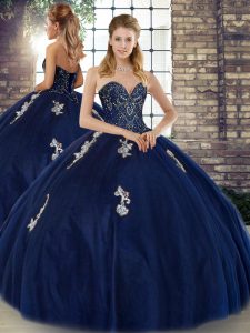 Navy Blue Sweetheart Lace Up Beading and Appliques Ball Gown Prom Dress Sleeveless