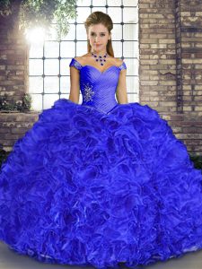 Floor Length Lace Up Quince Ball Gowns Royal Blue for Military Ball and Sweet 16 and Quinceanera with Beading and Ruffles