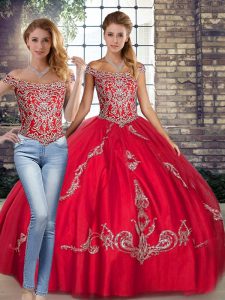 Red Lace Up Off The Shoulder Beading and Embroidery Quince Ball Gowns Tulle Sleeveless