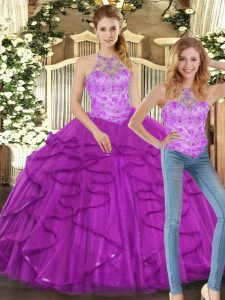 Vintage Purple Ball Gowns Beading and Ruffles Quinceanera Dresses Lace Up Tulle Sleeveless Floor Length