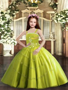 Sleeveless Tulle Floor Length Lace Up Pageant Dress Womens in Yellow Green with Beading