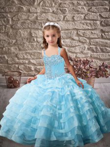 Gorgeous Baby Blue Pageant Gowns For Girls Straps Sleeveless Lace Up