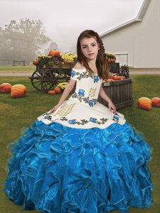 Low Price Blue and Baby Blue Ball Gowns Embroidery and Ruffles Little Girls Pageant Dress Lace Up Organza Sleeveless Floor Length