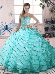 Best Selling Aqua Blue Lace Up Sweetheart Beading and Ruffled Layers Quinceanera Dresses Organza Sleeveless Brush Train