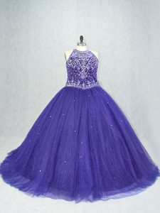 Best Purple Sleeveless Brush Train Beading Quinceanera Dresses