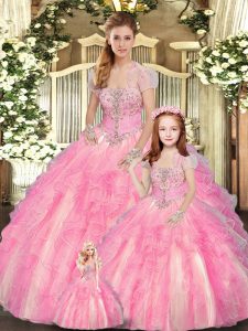 Floor Length Baby Pink Quinceanera Gown Tulle Sleeveless Beading and Ruffles