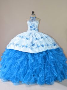 Pretty Blue Halter Top Neckline Embroidery and Ruffles Sweet 16 Dresses Sleeveless Lace Up