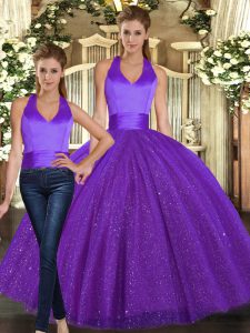 Purple Sequined Lace Up Halter Top Sleeveless Floor Length Quinceanera Dresses Ruching
