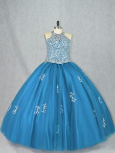 Popular Tulle Sleeveless Floor Length Quinceanera Dress and Beading and Appliques