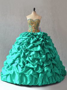 Glittering Sleeveless Beading and Pick Ups Lace Up Sweet 16 Quinceanera Dress with Turquoise Brush Train