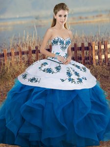 Glamorous Sleeveless Tulle Floor Length Lace Up Quinceanera Gowns in Blue And White with Embroidery and Ruffles and Bowknot