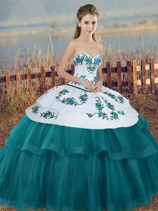 Comfortable Teal Lace Up Sweetheart Embroidery and Bowknot Sweet 16 Dress Tulle Sleeveless